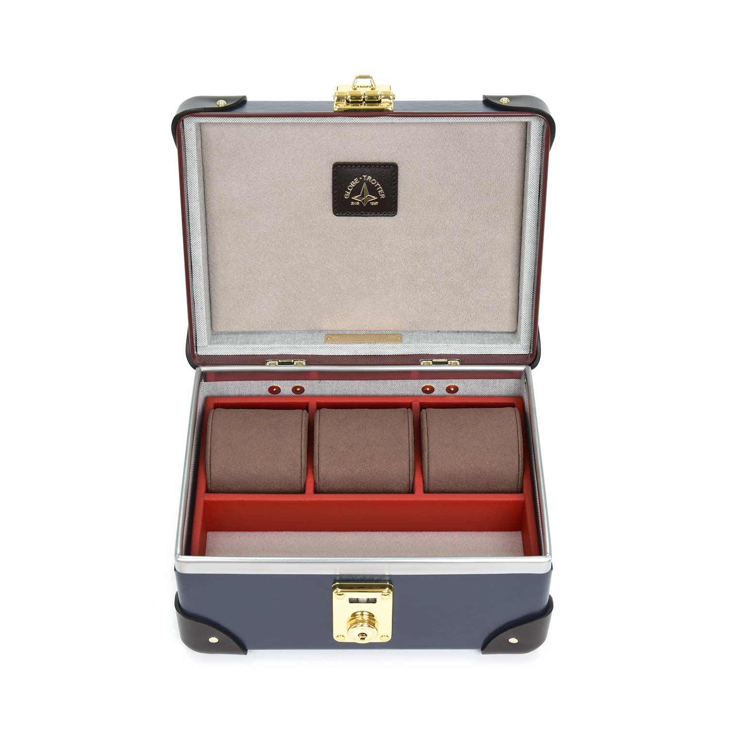 Centenary · 3-Slot Watch Case | Navy/Coco/Gold - GLOBE-TROTTER