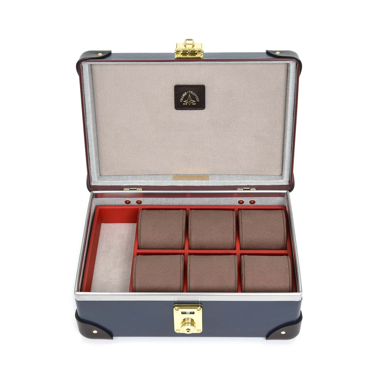 Centenary · 6-Slot Watch Case - Landscape | Navy/Coco/Gold - GLOBE-TROTTER