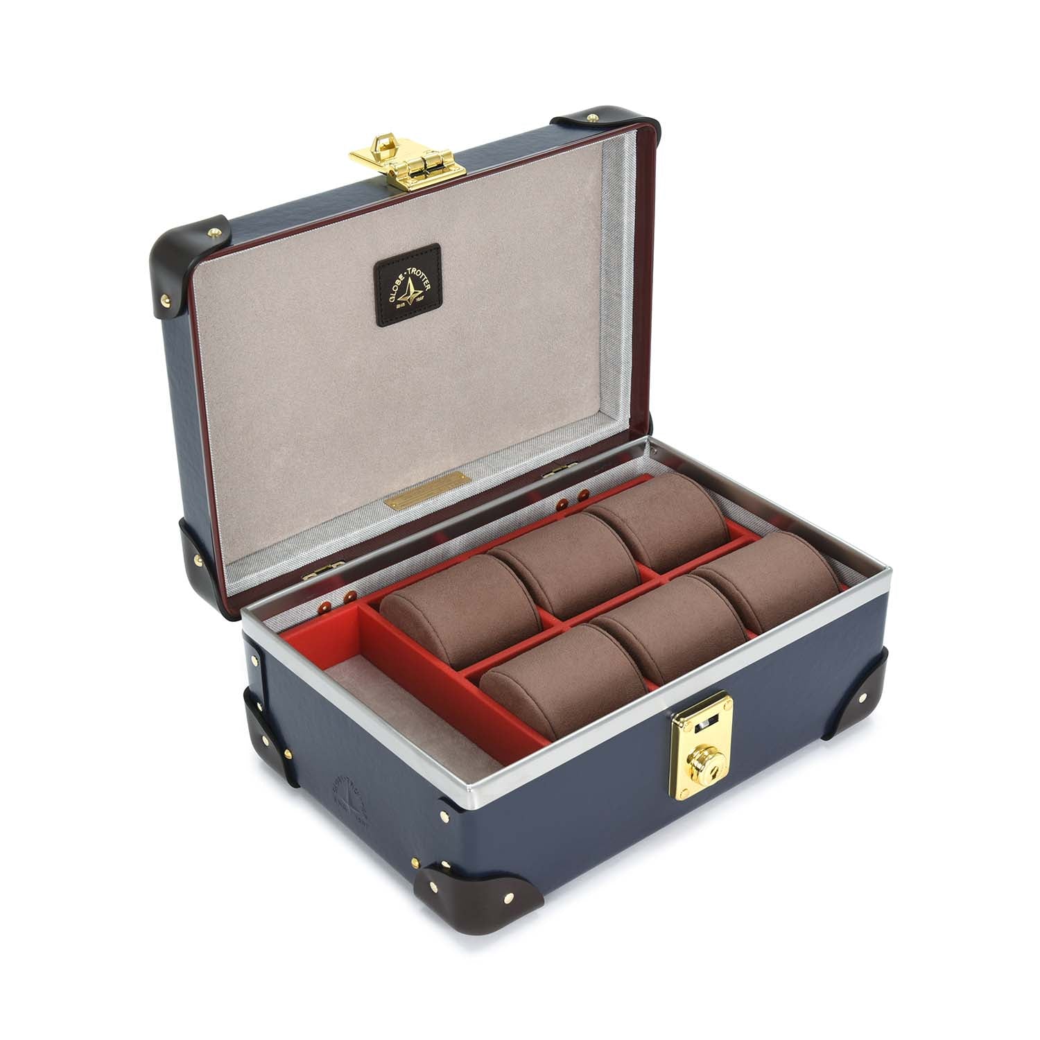 Centenary · 6-Slot Watch Case - Landscape | Navy/Coco/Gold - GLOBE-TROTTER